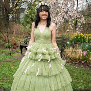 Green v neck tulle long prom dress, green tulle formal evening dress